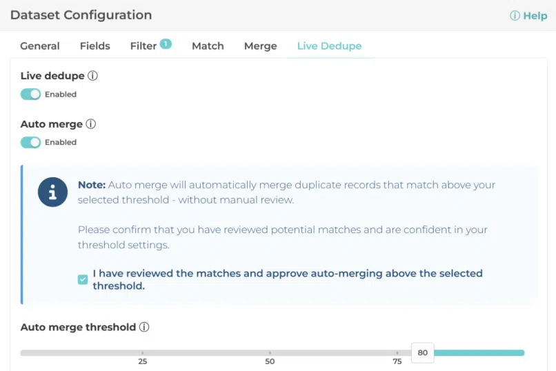 live dedupe auto merge